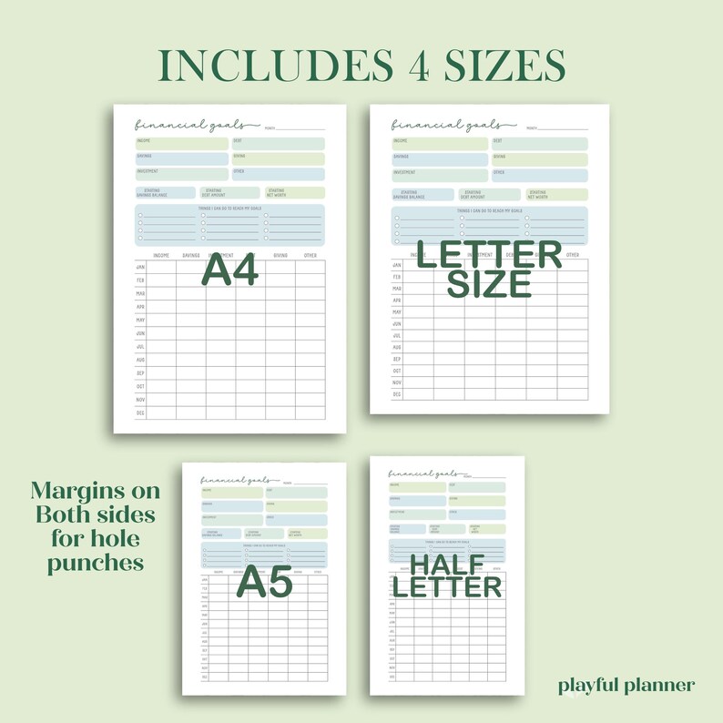 May include: Printable financial goal tracker in four sizes: A4, Letter, A5, and Half Letter. The printable has margins on both sides for hole punches. The printable is designed with a light green and blue color scheme.