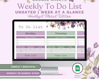 Weekly To Do List Google Sheets | Daily Tasks Checklist | Amethyst Floral Edition