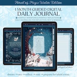 May include: Three digital tablets showing a winter-themed daily journal. The journal features a polar bear illustration, snowflakes, and text that reads "Forest of Magic Winter Edition" and "1 Month Guided Digital Daily Journal."