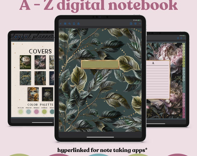 A to Z Alphabet Digital Notebook with Hyperlinked Tabs, Lined Pages, 8 Dark Peony Covers, Dark Mode & Light Mode - MGV3