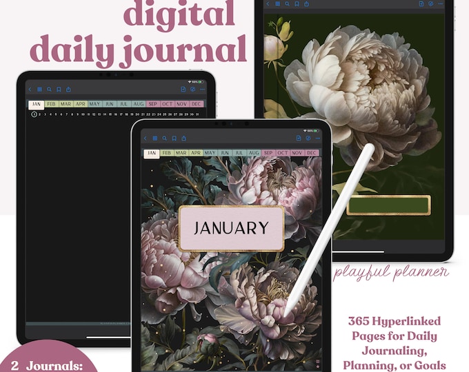 Daily Digital Journal with 365 Hyperlinked Dark Mode Pages includes a 12 Section Notebook, 8 Covers, and 13 PNG Template Stickers - MGV3