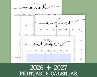 2026-2027 Monthly Calendar Printable: Editable PDF, A4 & Letter Size (Digital Download)