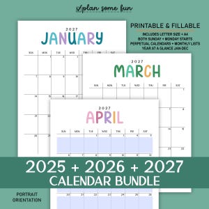 2025 2026 2027 Printable Calendar Bundle Editable Portrait Monthly Calendars, Perpetual Calendars, & Year at a Glance in A4 Letter Size