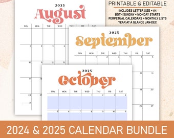 2024 2025 Calendar Bundle | Printable Editable Portrait Monthly Calendars, Perpetual Calendars, & Year at a Glance in A4 Letter Size