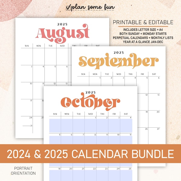 2024 2025 Calendar Bundle | Printable Editable Portrait Monthly Calendars, Perpetual Calendars, & Year at a Glance in A4 Letter Size