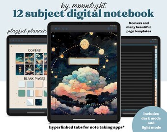 12 Tab Digital Notebook in Dark Mode and Light Mode with 14 Note Page Templates, 8 Dreamy Moonlight Covers, Fully Hyperlinked
