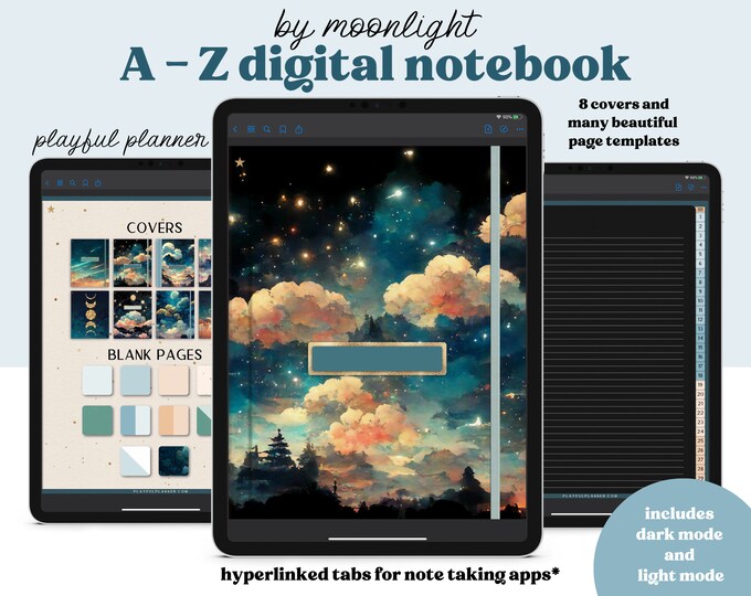 A to Z Alphabet Digital Notebook with Hyperlinked Tabs, Lined Pages, 8 Moonlight Night Themed covers, Dark Mode & Light Mode