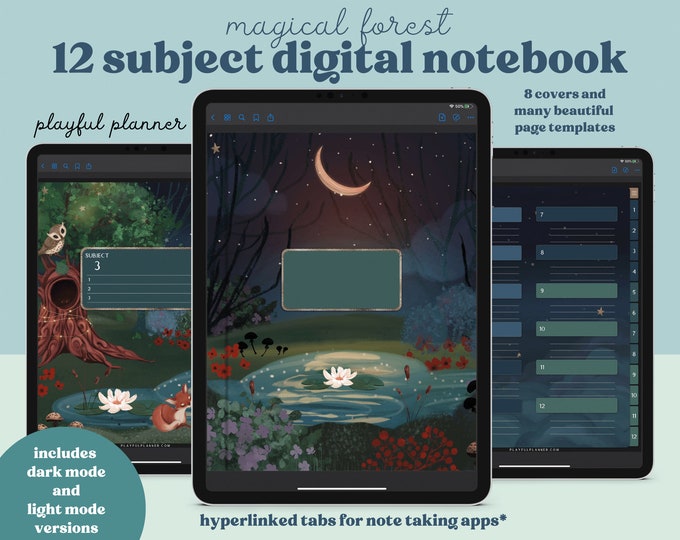 12 Subject Digital Notebook with Hyperlinked Tabs, 14 Note Page Designs, Dark Mode and White Paper, Moonlight Night Forest Theme