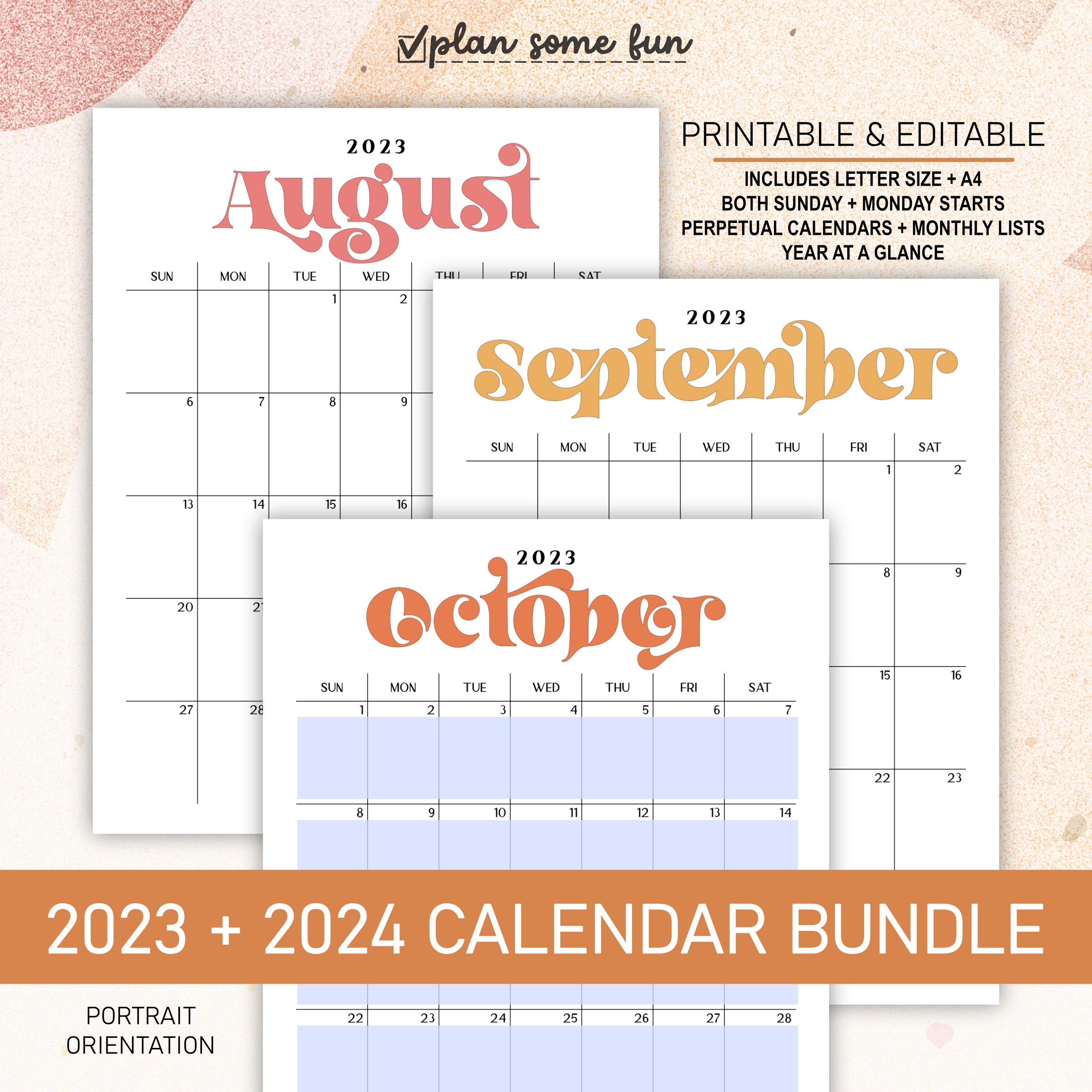 2023 2024 Calendar Bundle Printable Editable Portrait Monthly