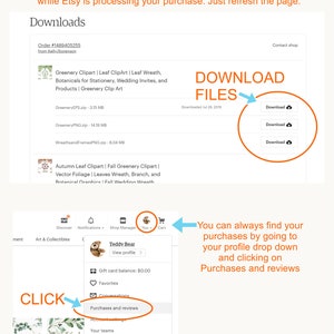 May include: Screenshot of an Etsy shop's download page. The page shows a list of digital files available for download, including a greenery clipart set and an autumn leaf clipart set. The page also includes a link to contact the shop and a link to view the receipt.