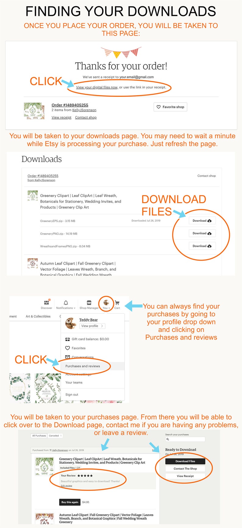 May include: Screenshot of an Etsy shop's download page. The page shows a list of digital files available for download, including a greenery clipart set and an autumn leaf clipart set. The page also includes a link to contact the shop and a link to view the receipt.