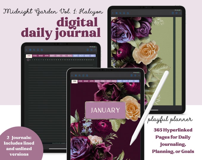 Digital Daily Journal with 365 Hyperlinked Dark Mode Pages including a Notebook with 12 Sections, 8 Covers, and 13 PNG Template Stickers