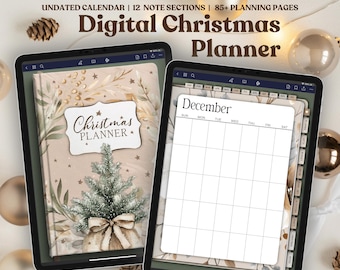 May include: Two digital Christmas planners displayed on tablets. The planner on the left features a Christmas tree design with the text "Christmas Planner." The right planner shows a December calendar layout. The text reads "a beautiful planner for your beautiful life."