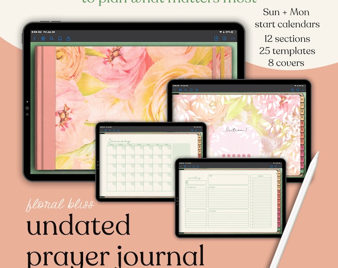 Digital Daily Prayer Journal & Undated Planner includes 12 Customizeble Sections and 8 Covers and 25 PNG Template Stickers | FBDC1