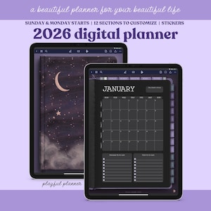 May include: Two digital planners on a purple background. The first planner displays a night sky design with a crescent moon and stars. The second planner shows a calendar for January 2026. Text includes "2026 digital planner" and "playful planner".