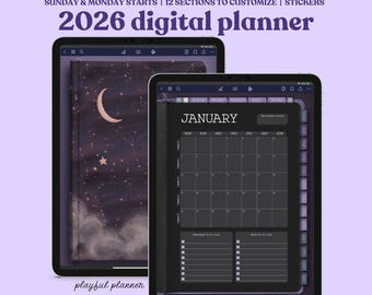 2026 Dark Mode Digital Planner: Goodnotes Sidecar Sticker Notebook (PDF Download