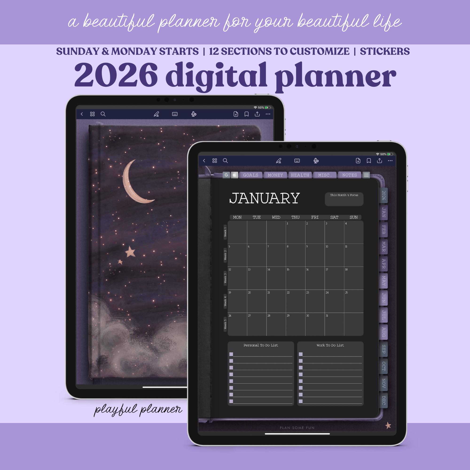 2026 Dark Mode Digital Planner: Goodnotes Sidecar Sticker Notebook (PDF ...
