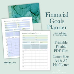 May include: Printable financial goals planner with two cover designs. The planner includes sections for income, savings, investments, debt, spending, and other. The planner is available in letter, A4, A5, and half letter sizes.