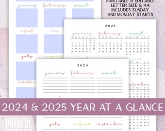 2024 & 2025 Year at a Glance Editable Printable Yearly Agenda, Letter Size  A4
