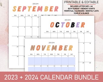 2023 + 2024 Calendar Bundle | Printable Editable Portrait Monthly Calendars, Perpetual Calendars, & Year at a Glance in A4 Letter Size