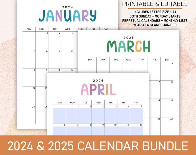 2024 2025 Calendar Bundle Printable Editable | Portrait Monthly Calendars, Perpetual Calendars, & Year at a Glance in A4 Letter Size