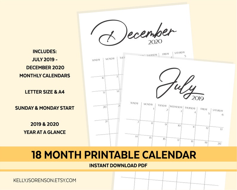 18 Month Printable Wall Calendar July 2019 December 2020 Etsy