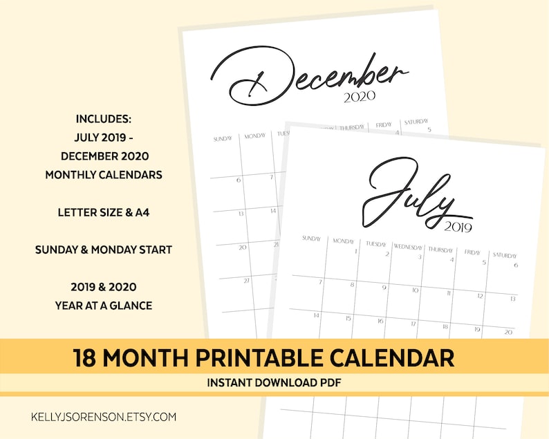 18 Month Printable Wall Calendar July 2019 December 2020 Etsy