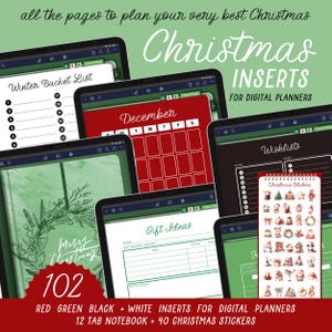 May include: A digital planner insert set for Christmas with 102 pages, 12 tab notebook, and 40 Christmas stickers. The pages include a winter bucket list, December calendar, gift ideas, and wishlists. The stickers are red, green, black, and white.
