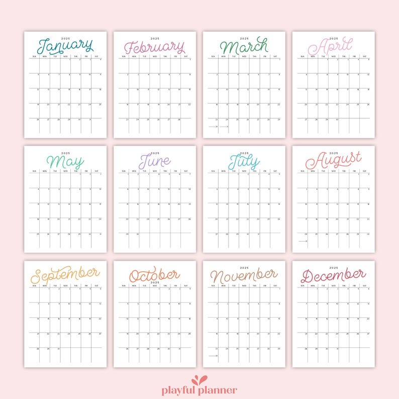 K&ouml;nnte beinhalten: Ein druckbarer Kalender f&uuml;r das Jahr 2023 mit jedem Monat auf einer separaten Seite. Die Monate sind mit bunten, handschriftlichen Texten beschriftet. Der Kalender ist f&uuml;r den pers&ouml;nlichen Gebrauch konzipiert und enth&auml;lt ein Raster f&uuml;r jeden Monat mit Platz zum Eintragen von Terminen und Ereignissen.