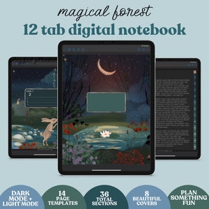Taccuino digitale con 12 soggetti con schede con collegamenti ipertestuali, 14 disegni di pagine di note, modalità scura e carta bianca, tema Foresta notturna al chiaro di luna / MFDC1