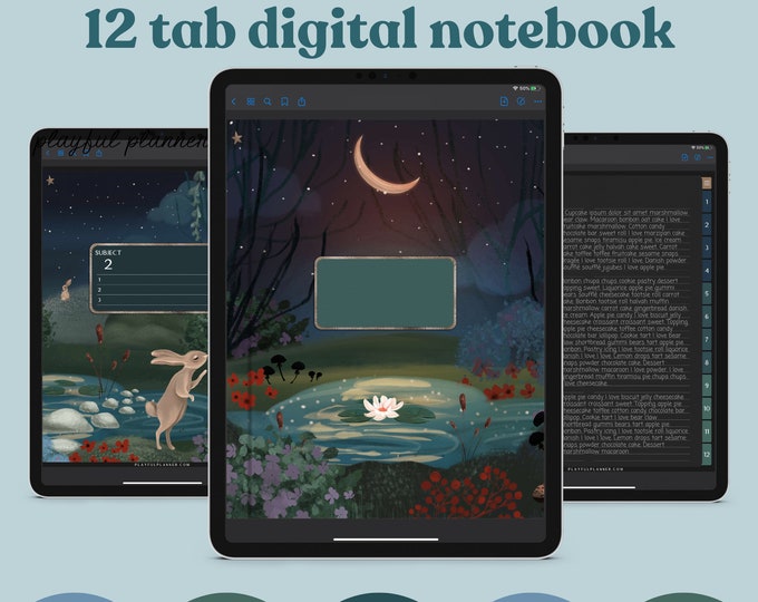 12 Subject Digital Notebook with Hyperlinked Tabs, 14 Note Page Designs, Dark Mode and White Paper, Moonlight Night Forest Theme | MFDC1