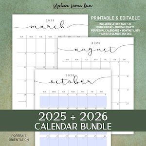 Calendarios mensuales 2025 + 2026 / Imprimibles + Editables / Orientación vertical / Año en una página y Calendarios académicos en tamaño A4 y Carta