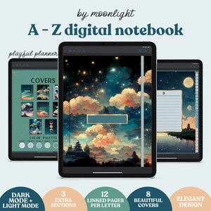 May include: A digital notebook with a starry night sky and clouds cover design. The notebook has 12 linked pages per letter, 8 beautiful covers, and 3 extra sections. It is available in dark and light mode.