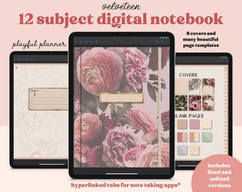 Digital Notebook with 12 Subject Hyperlinked Tabs, 14 Note Page Templates, 8 Floral covers, Light Mode lined and unlined