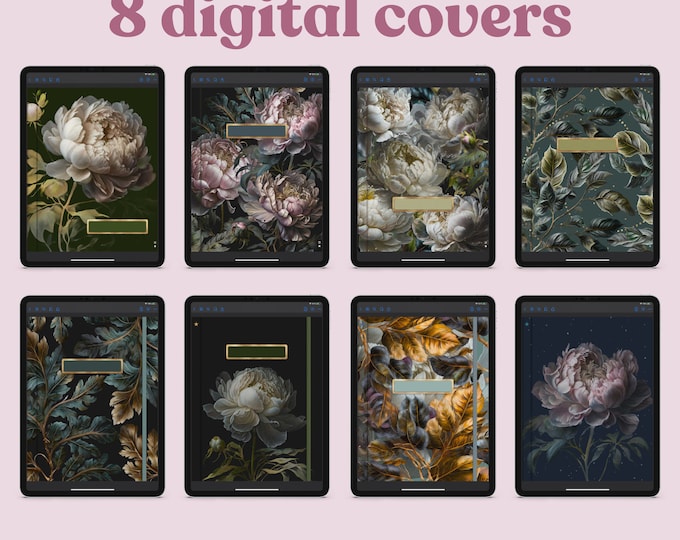 8 Dark Peony & Leafy Floral Digital Covers for Planners, Notebooks, or Journals - MGV3