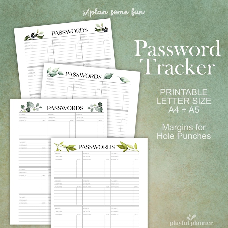 Botanical Password Tracker Printable: A4, A5, Letter Sizes (digital ...