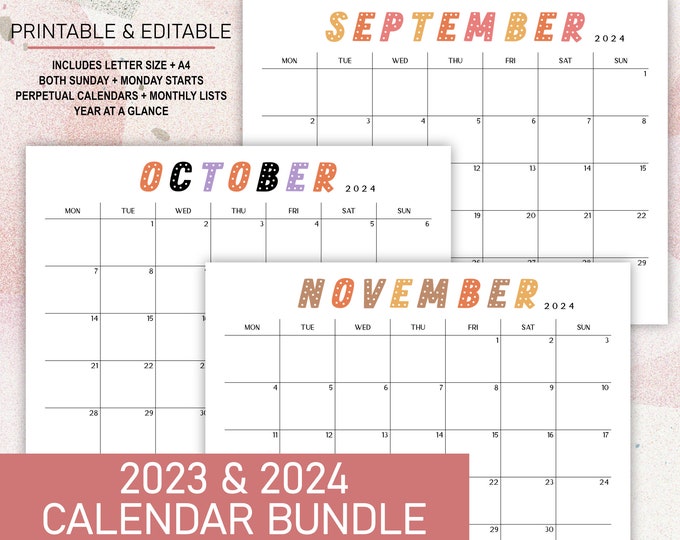 Printable Editable2023 2024 Calendar Bundle | Landscape Monthly Calendars, Perpetual and Lists, & Year at a Glance plus Academic Calendar