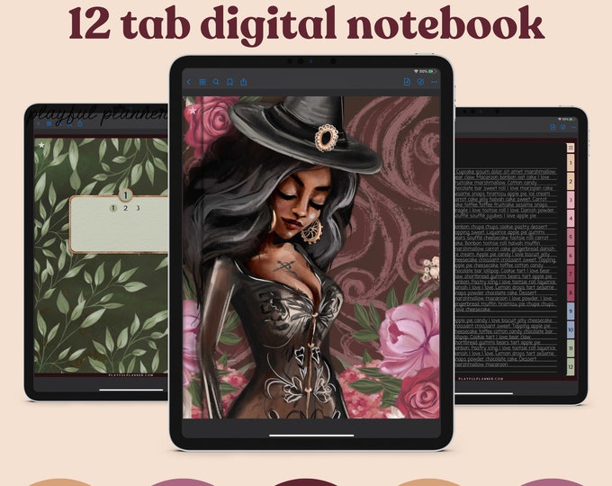 12 Subject Witchy Digital Notebook with Hyperlinked Tabs, 14 Page Templates, Dark Mode, Magic, Moonlight, Cats & Cauldrons | LWV2