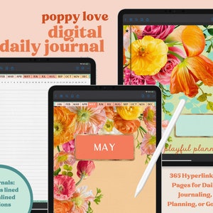 May include: Two digital daily journals with a poppy flower design. The journals have 365 hyperlinked pages for daily journaling, planning, or goal setting. The journals include lined and unlined versions.