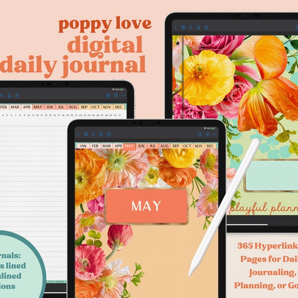 Digital Daily Journal 365 Hyperlinked Lined & Unlined Pages includes a Notebook with 12 Sections, 8 Covers, and 13 PNG Template Stickers