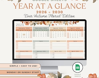 Year at a Glance Google Sheets Calendar | 5-Year Planner (2026–2030) | Ever Autumn Floral Edition