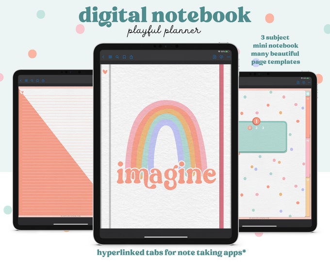 Digital Notebook with 3 Subjects, Hyperlinked Tabs, 6 Paper Templates, Extra Covers, and a Bonus Dark Mode page