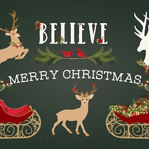 Fleurs de Noël et clipart verdure | Silhouettes de renne et de bois de cervidé Traîneau du Père Noël