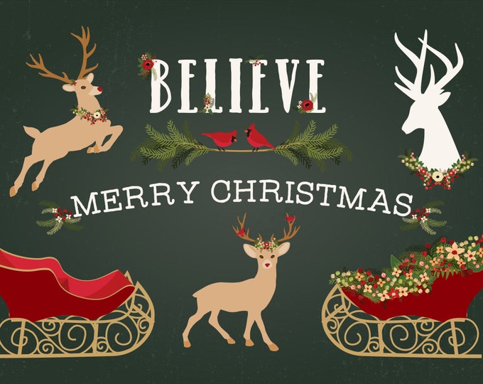 Christmas Flowers & Greenery Clipart | Reindeer and Antler silhouettes | Rudolph and Santa's Sleigh