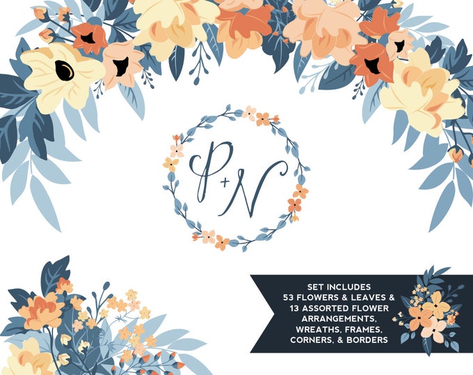 Peach & Navy Peony Floral ClipArt | Leaves Wreaths Branches and Borders for Stationery, Wedding Invites, and Products | Navy Greenery