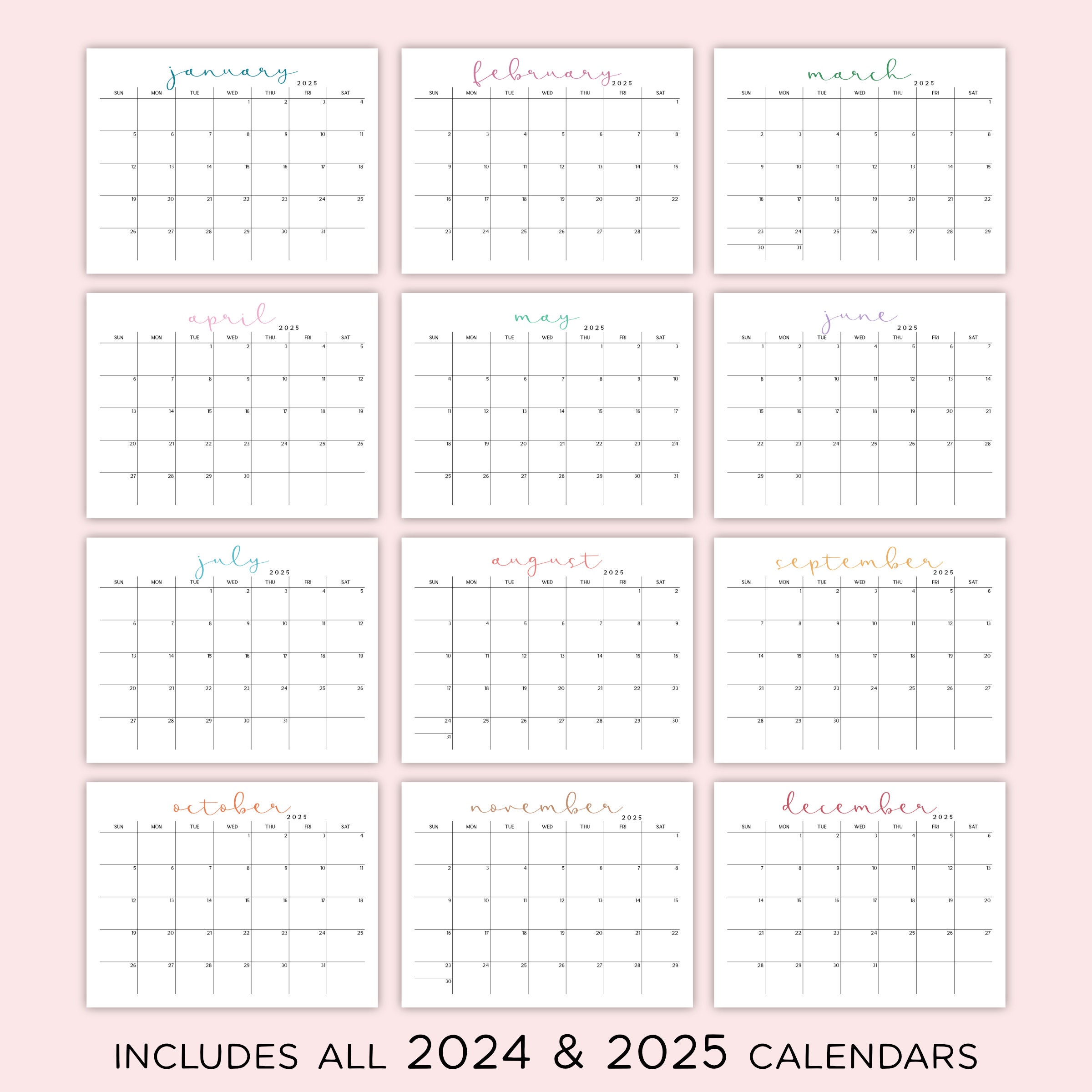 Printable Editable 2024 & 2025 Landscape Monthly Calendar Bundle includes  Perpetual Calendar, Monthly Lists, and Year at a Glance