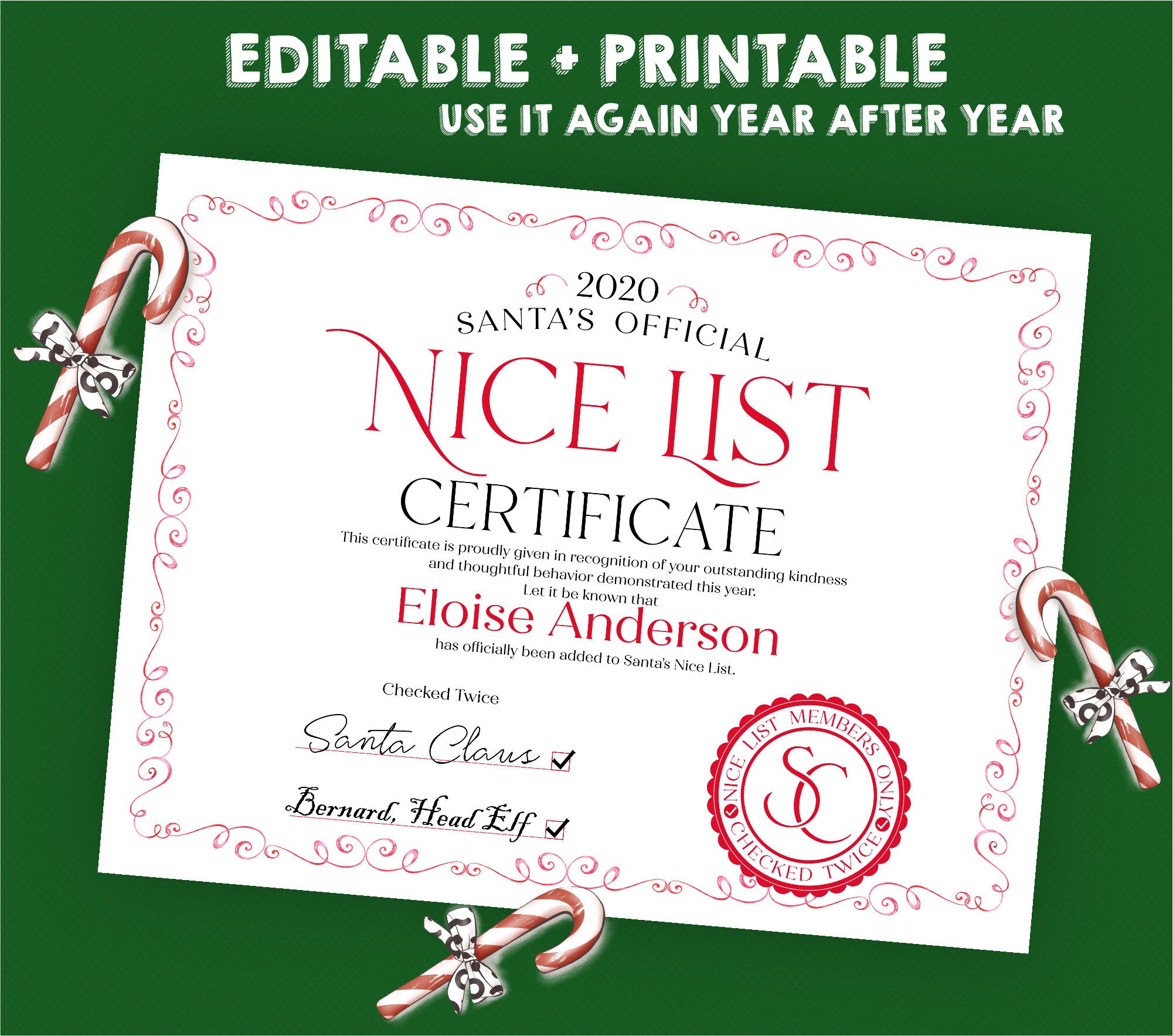 Printable Nice List Certificate From Santa Claus Editable PDF | Etsy