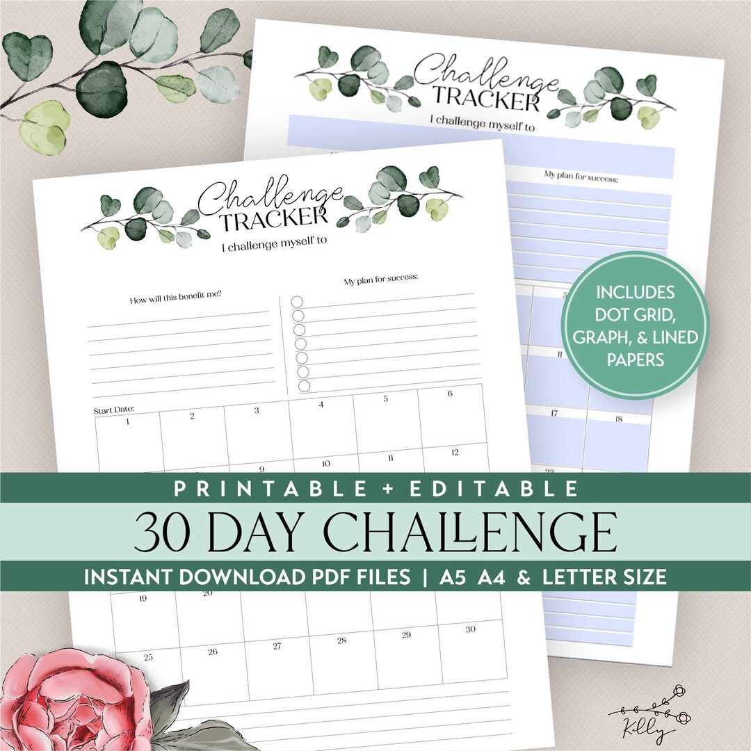 30 Day Challenge Tracker Printable Planner Insert Editable PDF in Sizes ...