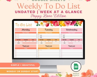 Weekly To Do List Google Sheets | Daily Tasks Checklist | Poppy Love Floral Edition