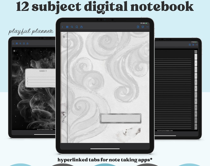 12 Subject Digital Notebook with Hyperlinked Tabs, 14 Note Page Templates, Dark Mode and Light Mode | SMKSH
